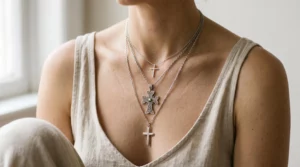Gros plan sur trois colliers croix superposés de styles différents portés par une femme, avec écarts de longueur visibles créant une harmonie visuelle