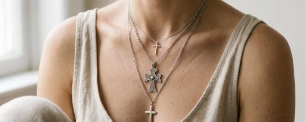 Gros plan sur trois colliers croix superposés de styles différents portés par une femme, avec écarts de longueur visibles créant une harmonie visuelle