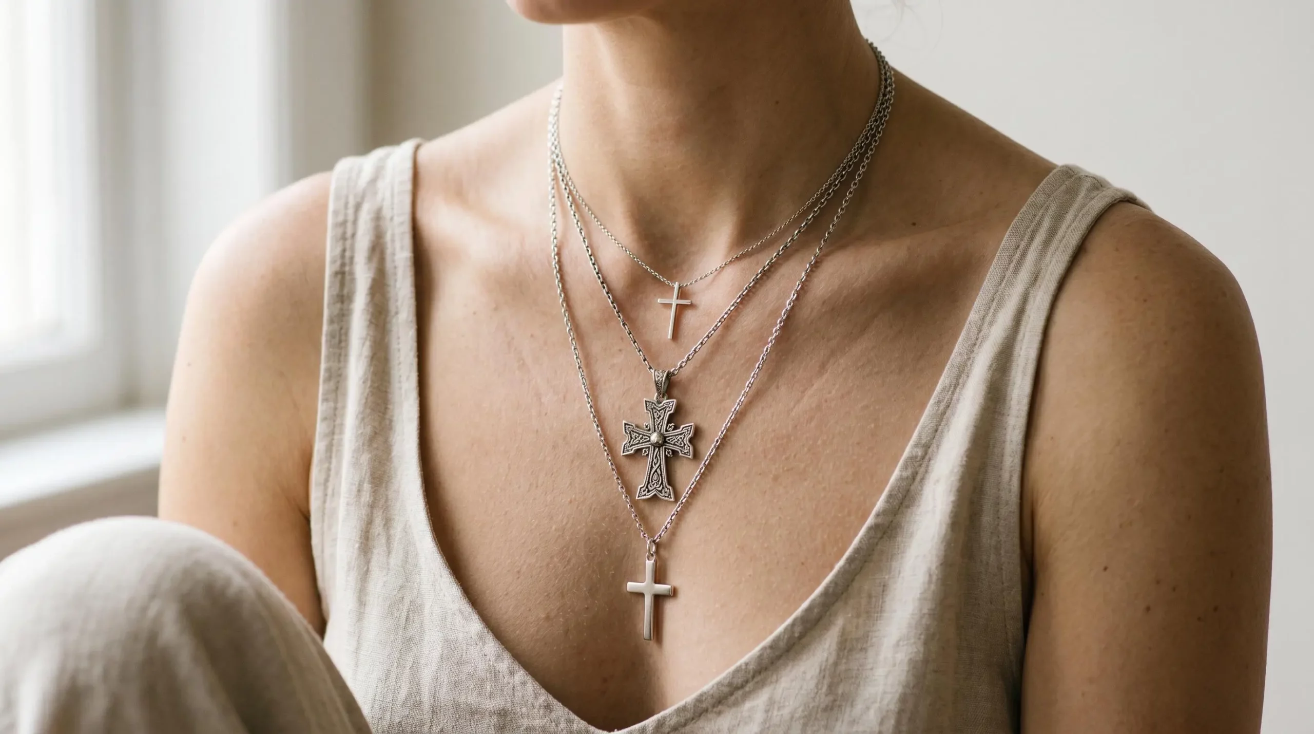 Gros plan sur trois colliers croix superposés de styles différents portés par une femme, avec écarts de longueur visibles créant une harmonie visuelle