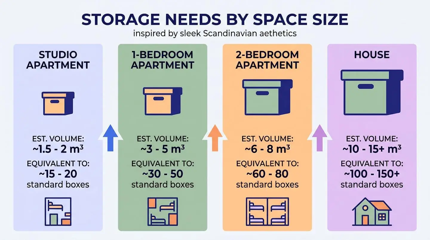 Infographie flat design montrant 4 tailles de boxes avec volume, nombre de cartons et type de logement correspondant.