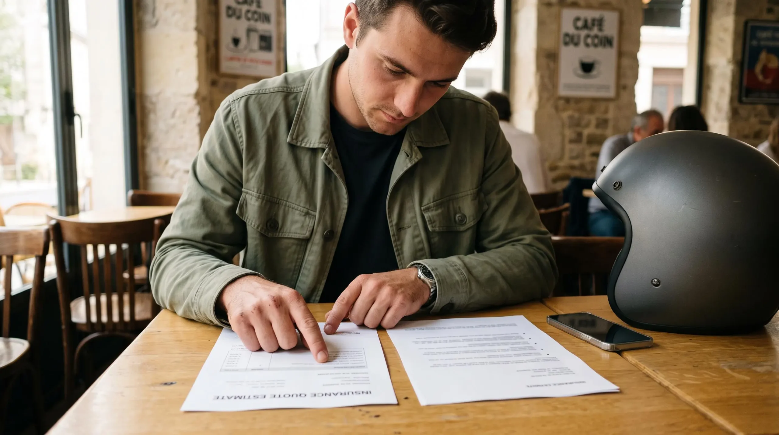 Un jeune motard compare deux devis d'assurance moto imprimés posés sur une table, son casque à côté de lui.