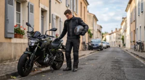 Un jeune motard en équipement complet vérifie sa moto de moyenne cylindrée garée dans une rue résidentielle française.