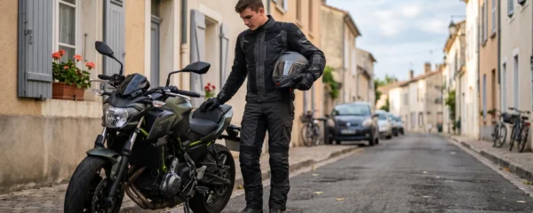Un jeune motard en équipement complet vérifie sa moto de moyenne cylindrée garée dans une rue résidentielle française.