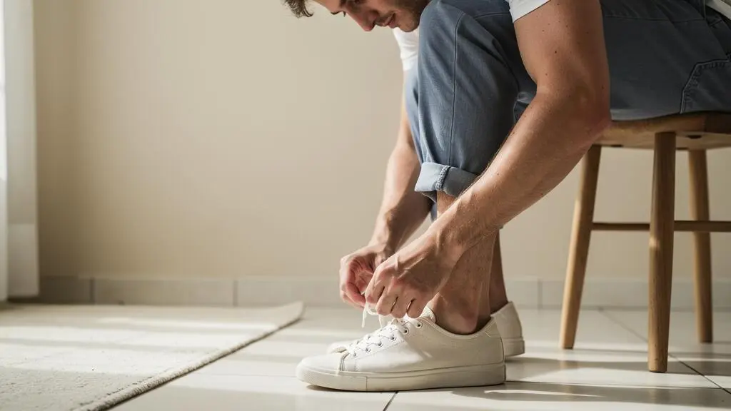 Une personne attache les lacets de baskets basses portées avec un pantalon court retroussé, dans une entrée lumineuse.