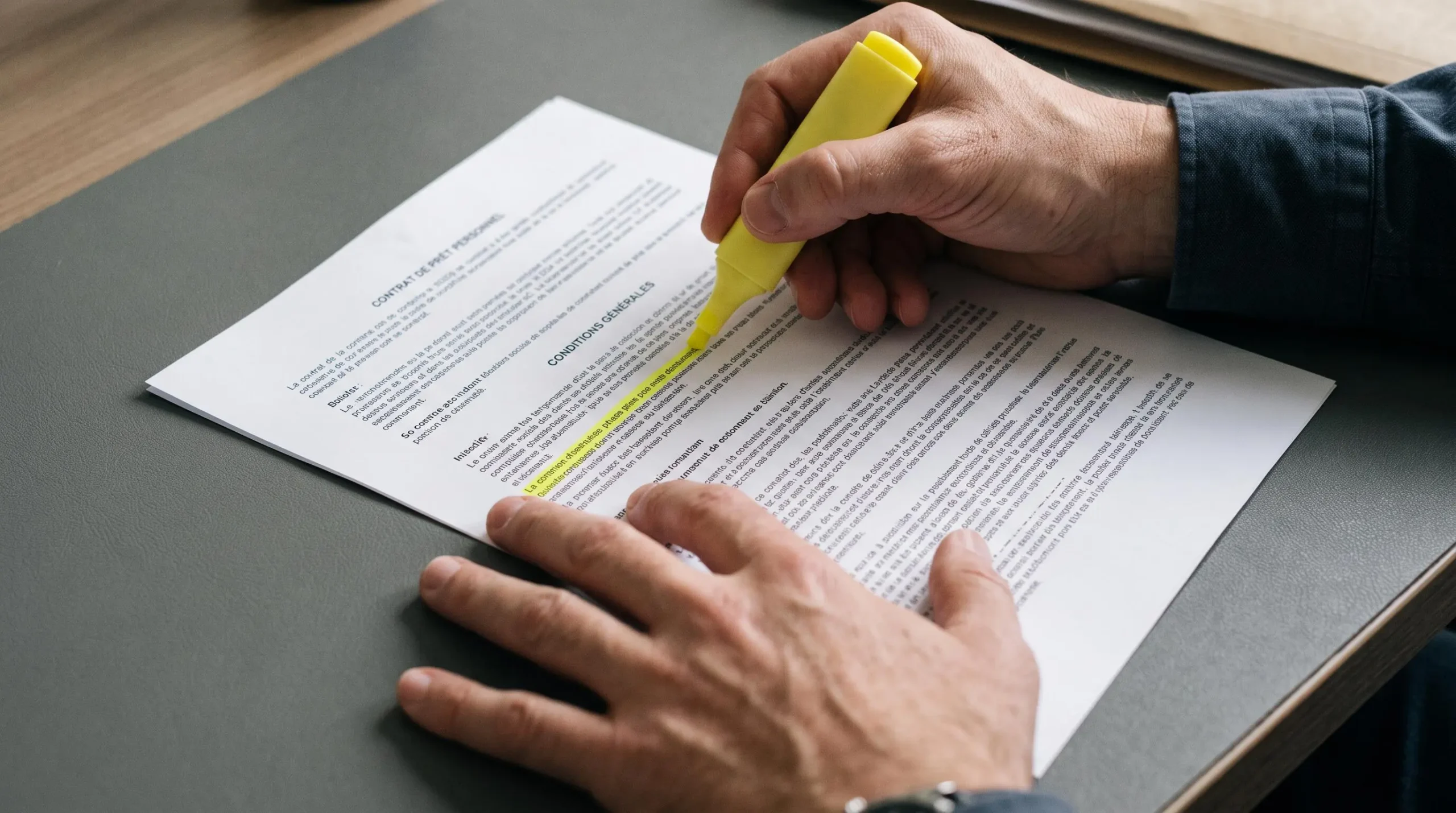 Mains surlignant des clauses importantes dans un document de contrat bancaire avec un marqueur