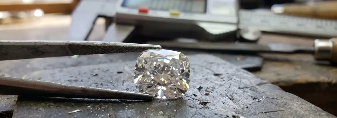 Gros plan sur une main tenant délicatement une rondelle facettée translucide en quartz rose, avec un pied à coulisse numérique visible en arrière-plan flouté, lumière naturelle latérale créant des reflets dans les facettes