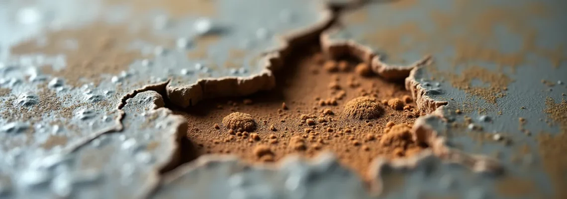 Gros plan sur un mur humide avec trace brune d'humidité et moisissures, éclairage cinématographique révélant les dégâts structurels