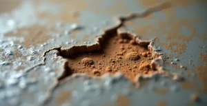 Gros plan sur un mur humide avec trace brune d'humidité et moisissures, éclairage cinématographique révélant les dégâts structurels