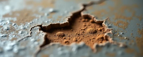 Gros plan sur un mur humide avec trace brune d'humidité et moisissures, éclairage cinématographique révélant les dégâts structurels