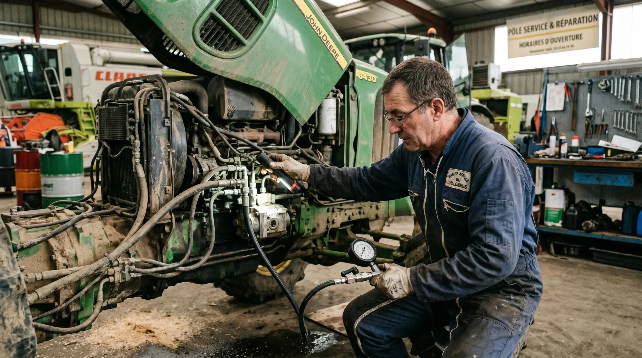 Mécanicien professionnel inspectant un tracteur d'occasion lors d'une vérification technique