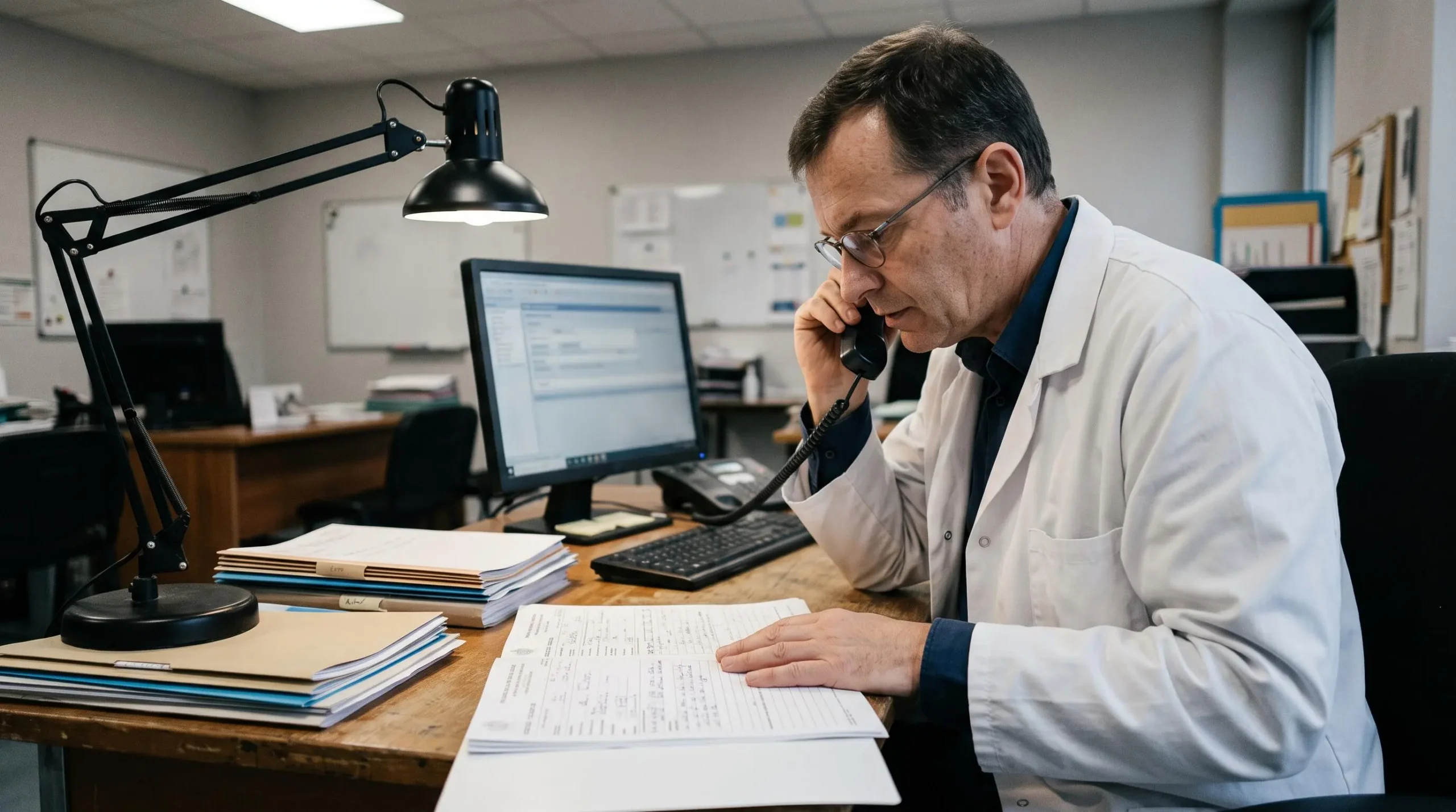 Un médecin d'assistance téléphone à son bureau en consultant un dossier médical imprimé.