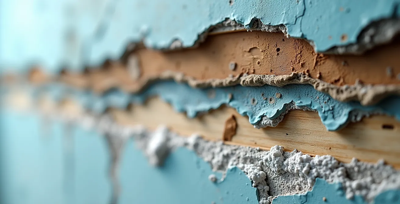 Coupe en gros plan d'une paroi en couches montrant l'infiltration d'eau à travers les matériaux, peinture écaillée, bois gonflé, traces blanches de salpêtre