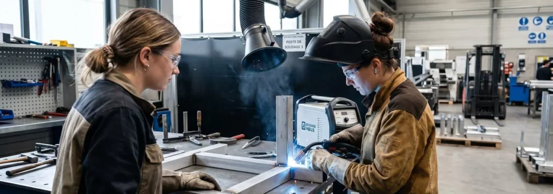Deux opérateurs collaborent près d'un poste de soudure dans un atelier moderne, avec un conduit d'extraction d'air visible en arrière-plan
