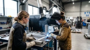 Deux opérateurs collaborent près d'un poste de soudure dans un atelier moderne, avec un conduit d'extraction d'air visible en arrière-plan