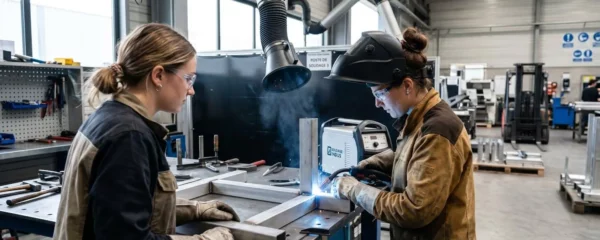 Deux opérateurs collaborent près d'un poste de soudure dans un atelier moderne, avec un conduit d'extraction d'air visible en arrière-plan