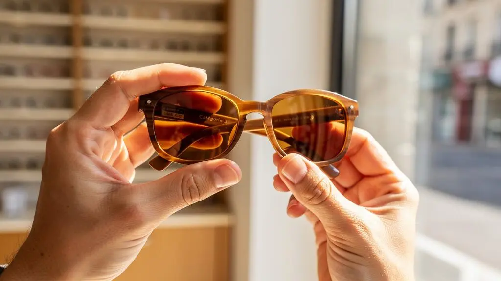 Un opticien examine la teinte des verres de lunettes de soleil pour enfant près d'une fenêtre.