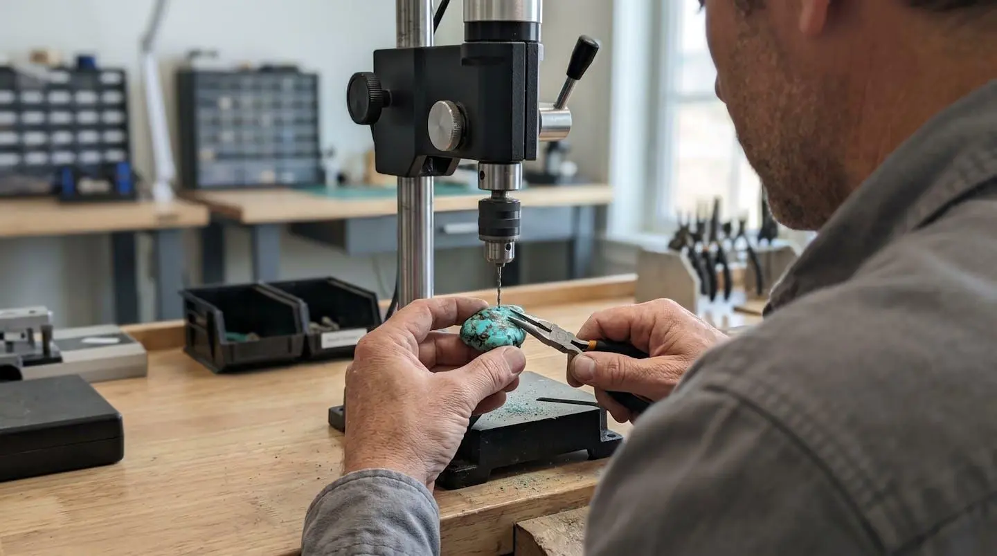 Vue par-dessus l'épaule d'une personne utilisant un foret de précision sur une petite pierre naturelle maintenue dans un étau de bijoutier, mains en action nettes, arrière-plan atelier flouté, lumière naturelle ambiante