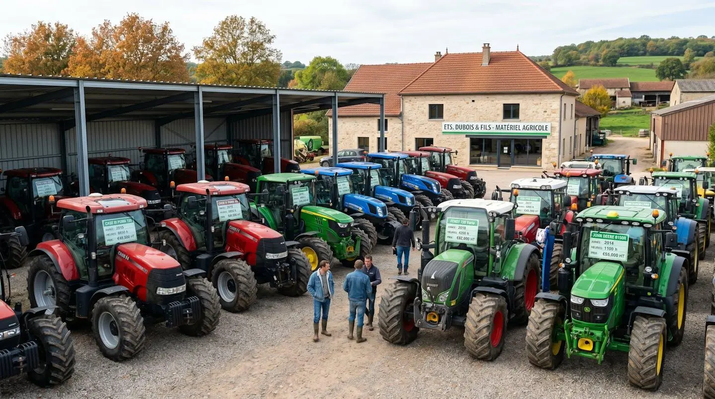 Parc de tracteurs d'occasion chez concessionnaire professionnel avec informations détaillées