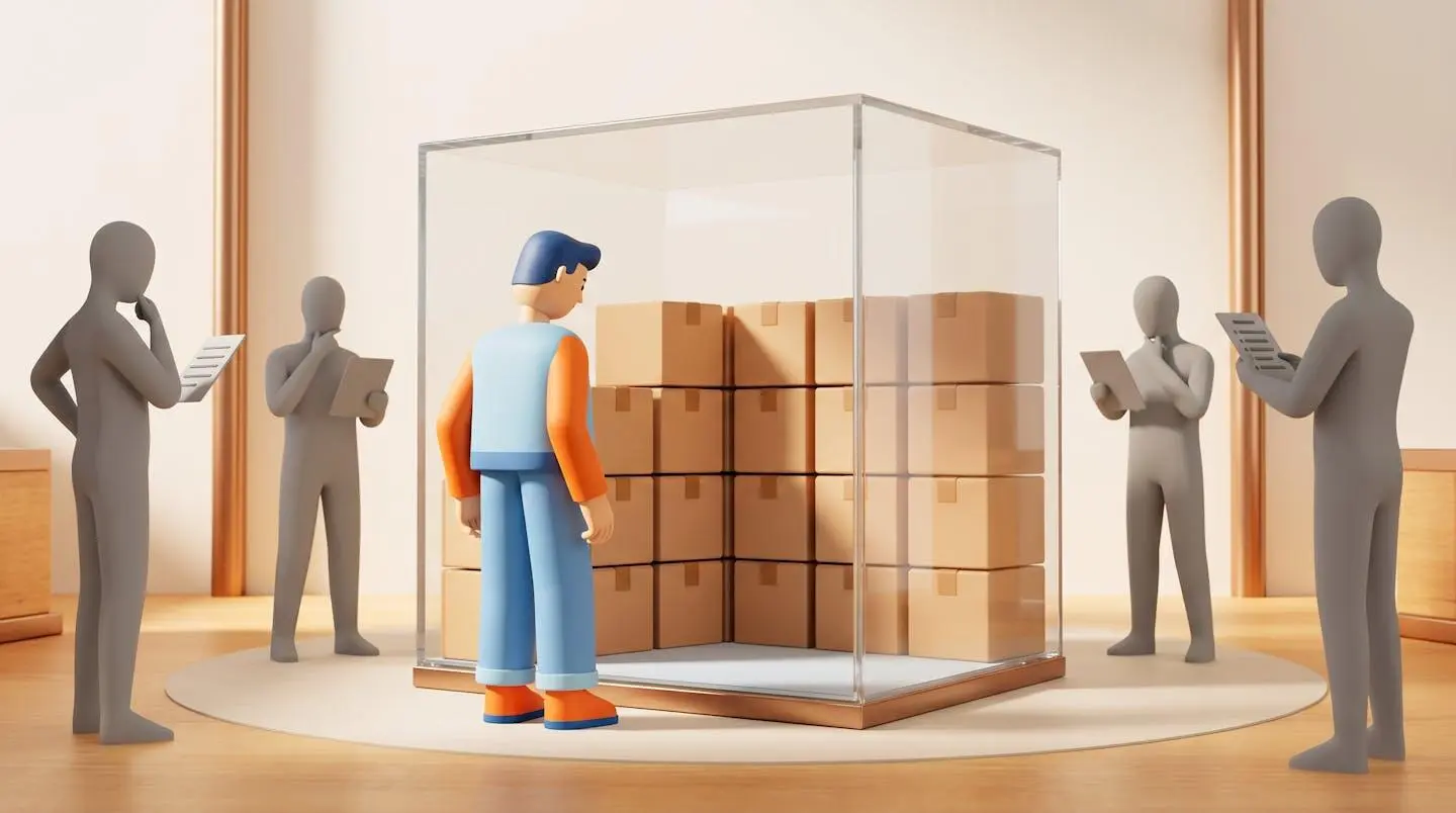 Un personnage stylisé devant un box de stockage transparent contenant des cartons bien organisés, accompagné de silhouettes consultatives.