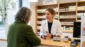 Pharmacienne conseillant un client sur les compléments de magnésium dans une pharmacie française