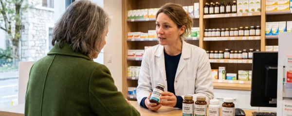 Pharmacienne conseillant un client sur les compléments de magnésium dans une pharmacie française