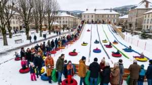 Vue d'ensemble d'une piste de luge tubby installée dans un espace de loisirs municipal, avec des familles en train de dévaler la piste sur des bouées colorées