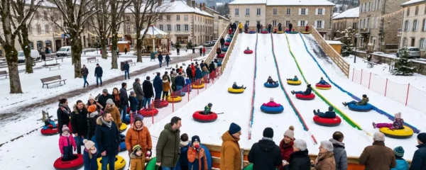 Vue d'ensemble d'une piste de luge tubby installée dans un espace de loisirs municipal, avec des familles en train de dévaler la piste sur des bouées colorées