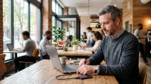 Un professionnel en déplacement connecte un disque dur externe à son ordinateur portable dans un espace de coworking lumineux