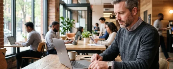 Un professionnel en déplacement connecte un disque dur externe à son ordinateur portable dans un espace de coworking lumineux