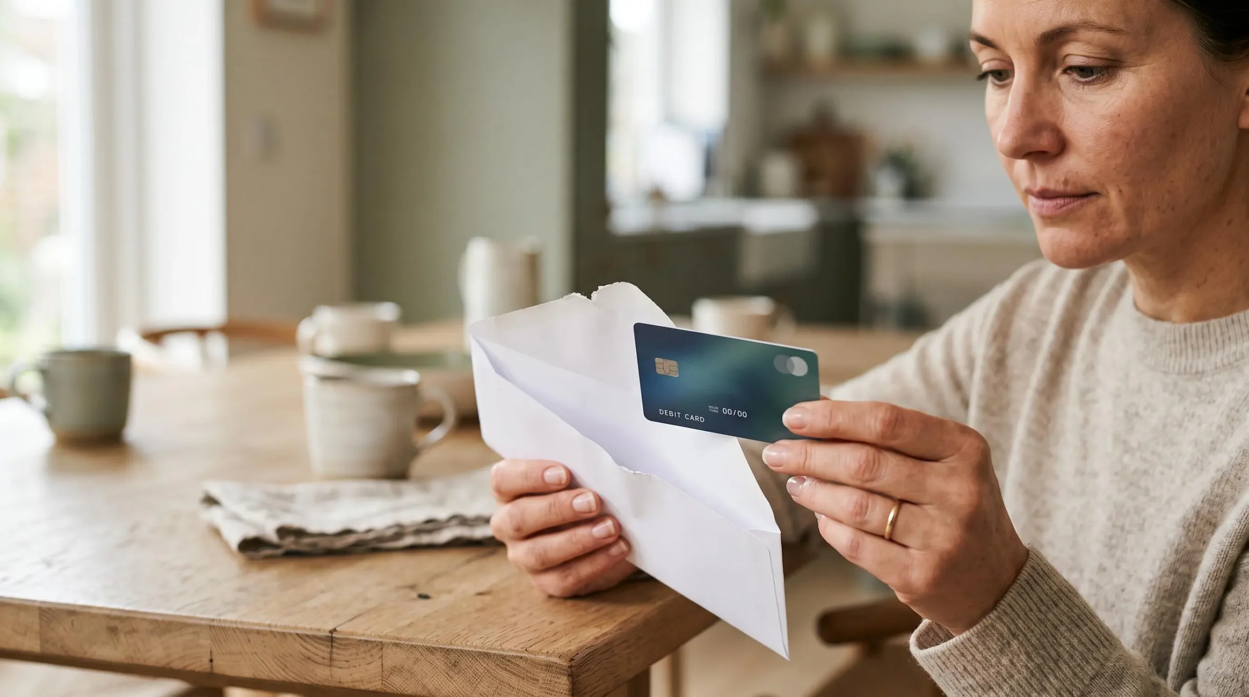 Mains examinant une carte bancaire nouvellement reçue retirée de son enveloppe à domicile