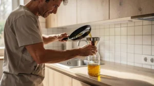 Personne versant de l'huile de friture usagée dans une bouteille de collecte à l'aide d'un entonnoir dans une cuisine moderne
