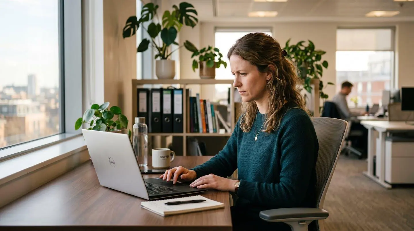 Responsable communication concentrée révisant une version traduite d'une vidéo sur son ordinateur dans un bureau calme