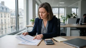 Une responsable crédit examine un dossier financier d'acheteur dans un bureau d'entreprise en France.