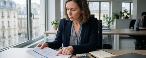 Une responsable crédit examine un dossier financier d'acheteur dans un bureau d'entreprise en France.