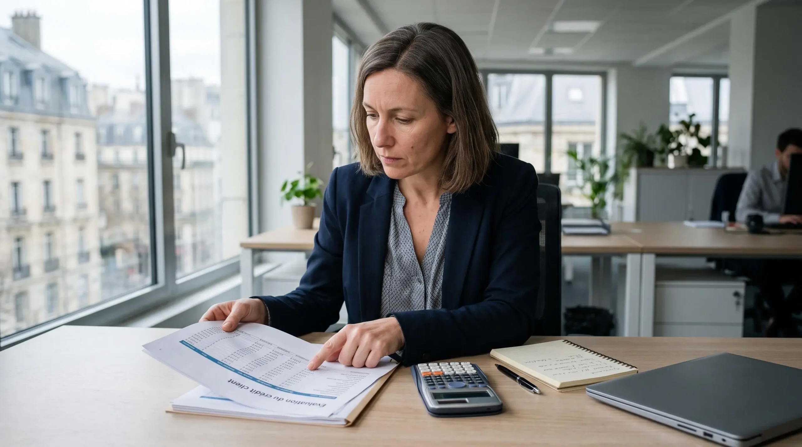 Une responsable crédit examine un dossier financier d'acheteur dans un bureau d'entreprise en France.