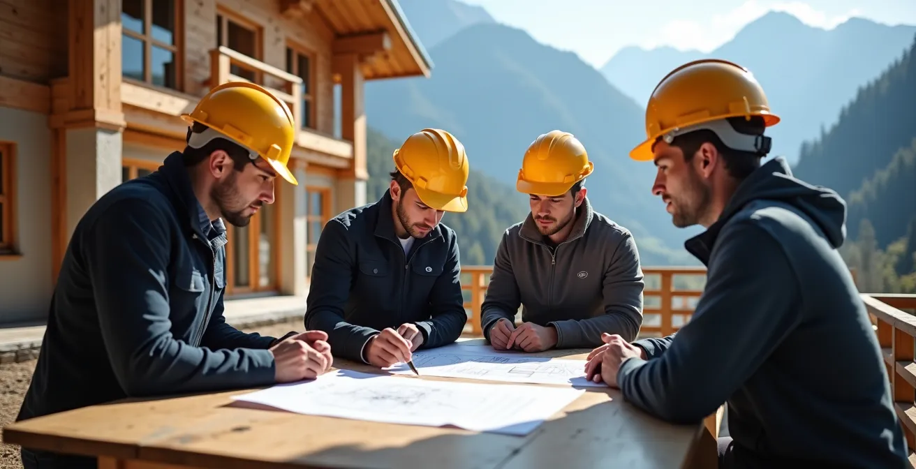 Réunion sur chantier entre constructeur local et équipe d'artisans de montagne