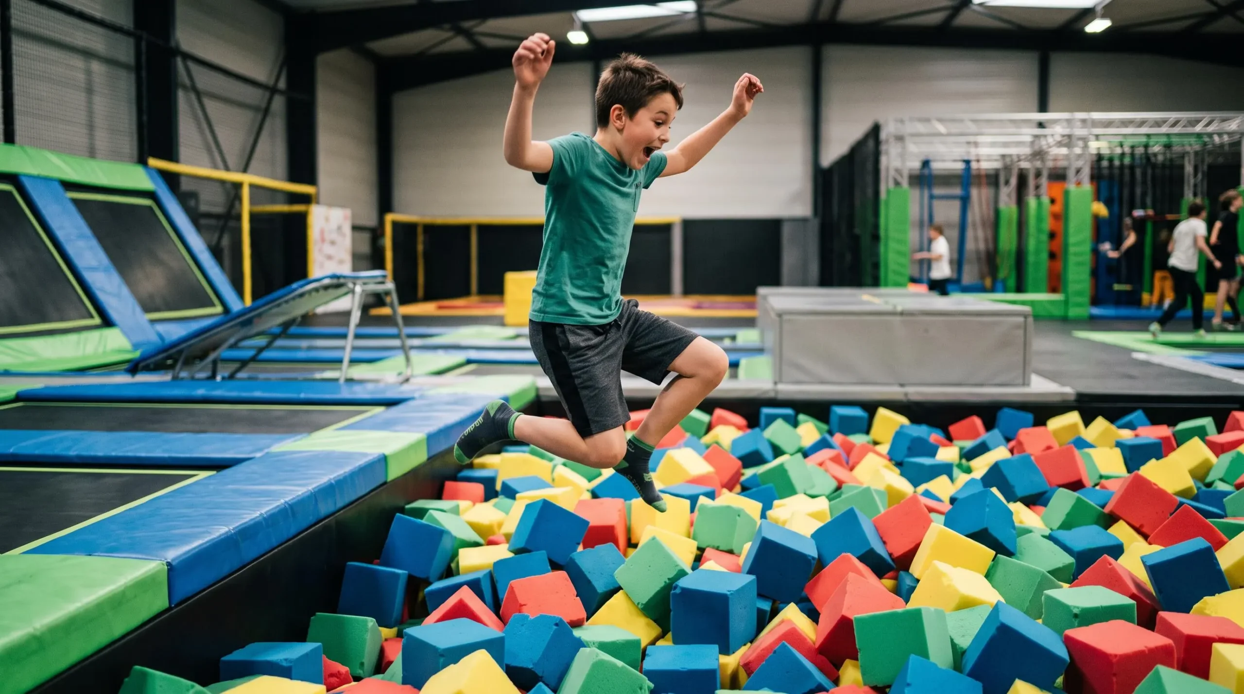 Pré-adolescent sautant dans une fosse à mousses colorées depuis un trampoline dans un parc d'activités indoor