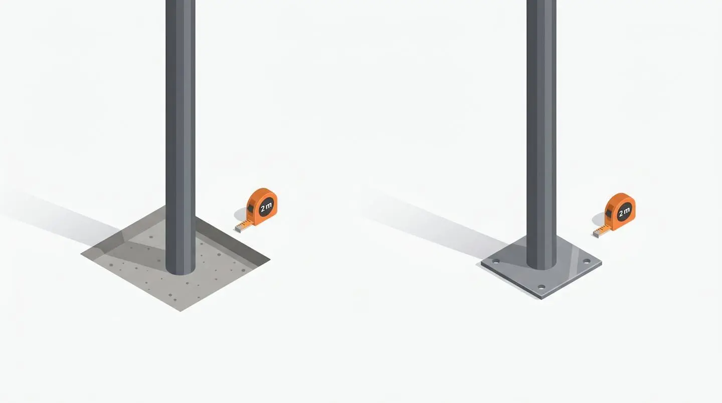 Illustration 3D isométrique comparant un poteau scellé dans le béton (gauche) et un poteau fixé sur platine (droite), avec mètre ruban pour échelle.