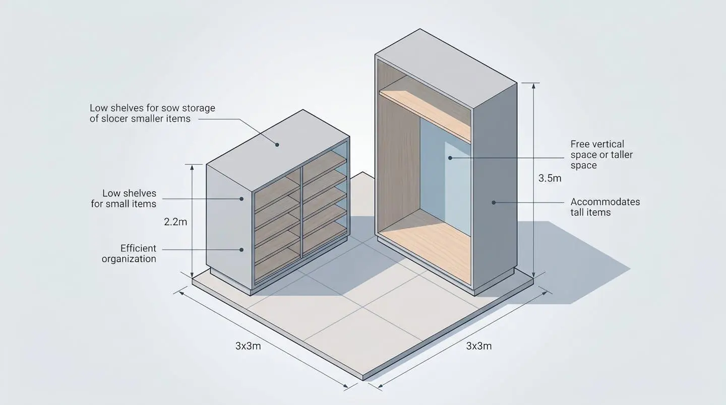 Schéma isométrique comparant deux boxes de même surface mais de hauteurs sous plafond différentes avec annotations.