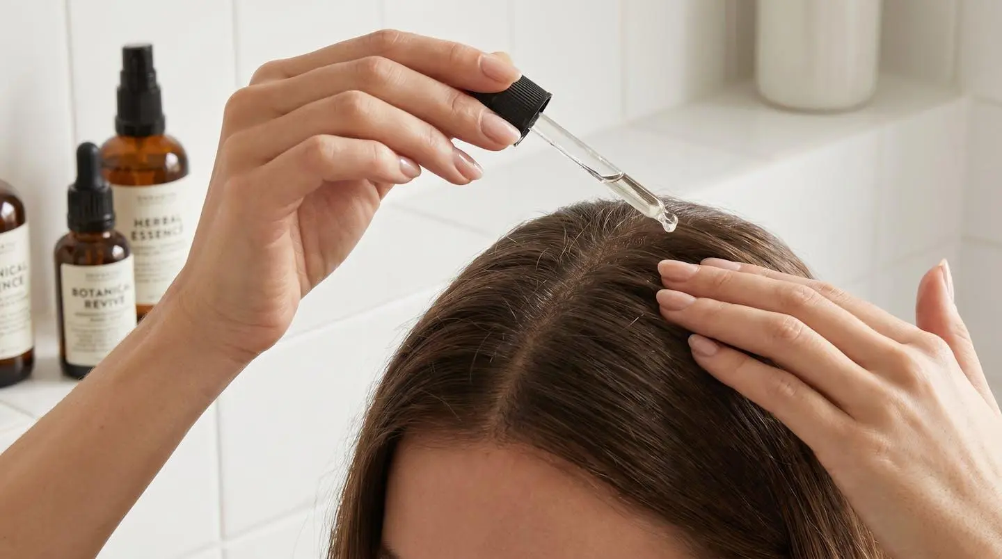 Mains féminines appliquant un soin apaisant translucide sur un cuir chevelu, avec des produits capillaires à formulation naturelle posés sur une surface claire en arrière-plan
