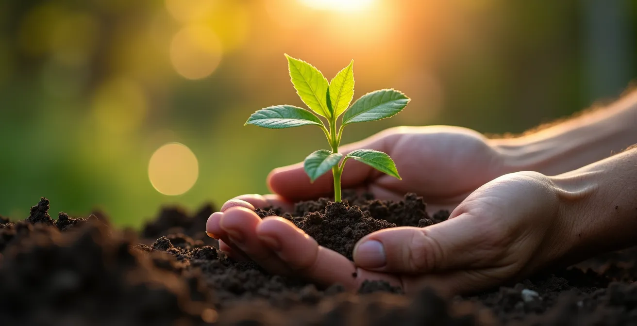 Main humaine tenant une jeune pousse verte émergeant d'un sol riche