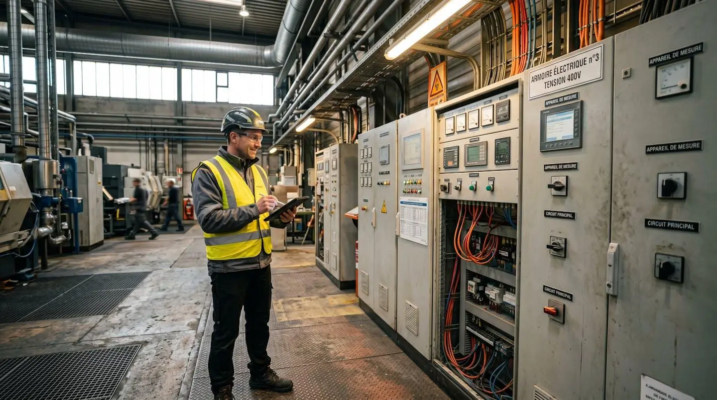 Technicien en gilet haute visibilité consultant une tablette devant des compteurs électriques dans une installation industrielle française, environnement de production authentique