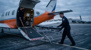 Un technicien médical pousse un brancard équipé de matériel de surveillance vers un avion ambulance stationné sur le tarmac d'un aéroport.