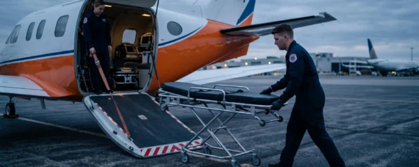 Un technicien médical pousse un brancard équipé de matériel de surveillance vers un avion ambulance stationné sur le tarmac d'un aéroport.