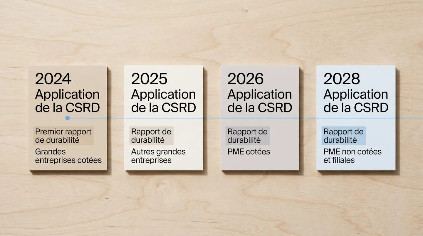 Timeline horizontale physique avec cartes indiquant les échéances CSRD 2024-2028 pour différentes catégories d'entreprises françaises, composition claire et aérée
