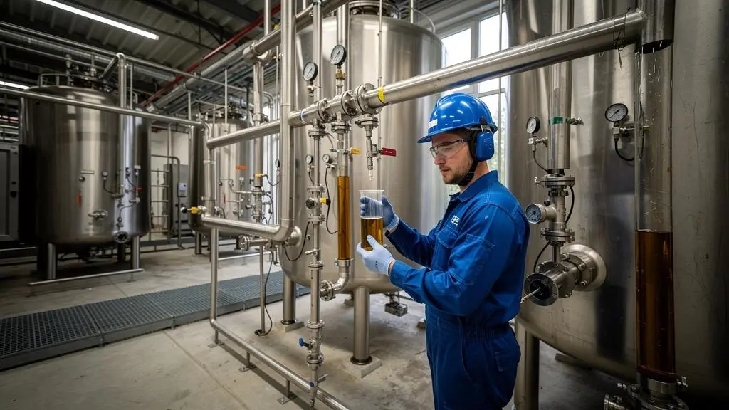 Technicien contrôlant le processus de transformation d'huile usagée en biocarburant dans une installation industrielle de recyclage