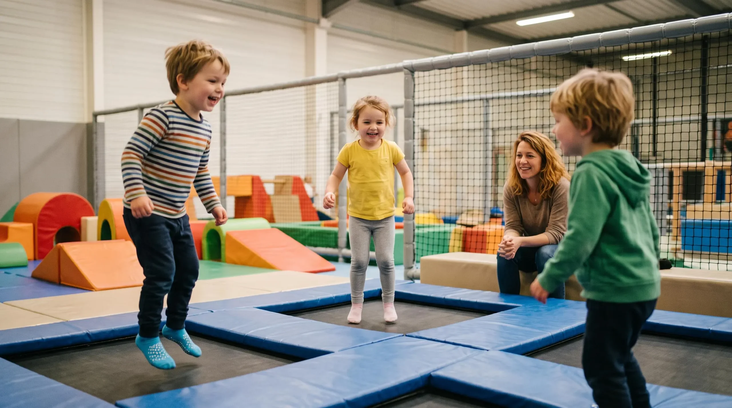 Jeunes enfants de 3 à 6 ans sautant dans une zone dédiée avec filets de sécurité dans un trampoline park